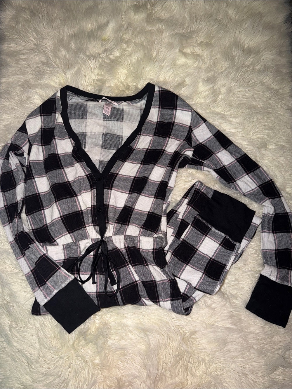 Victoria's Secret Black & White Plaid Drawstring Sleep Onsie